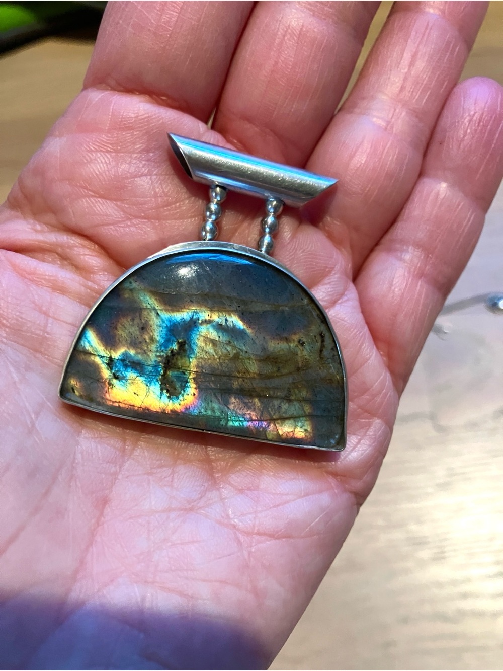 Handcrafted Labradorite Silver Half-Moon Pendant - Iridescent Blue-Green